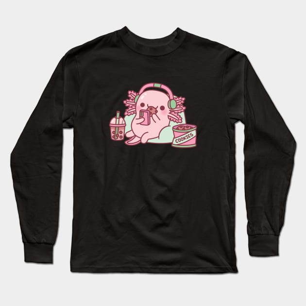 Cute Axolotl Chilling With Cookies And Bubble Tea Long Sleeve T-Shirt by rustydoodle